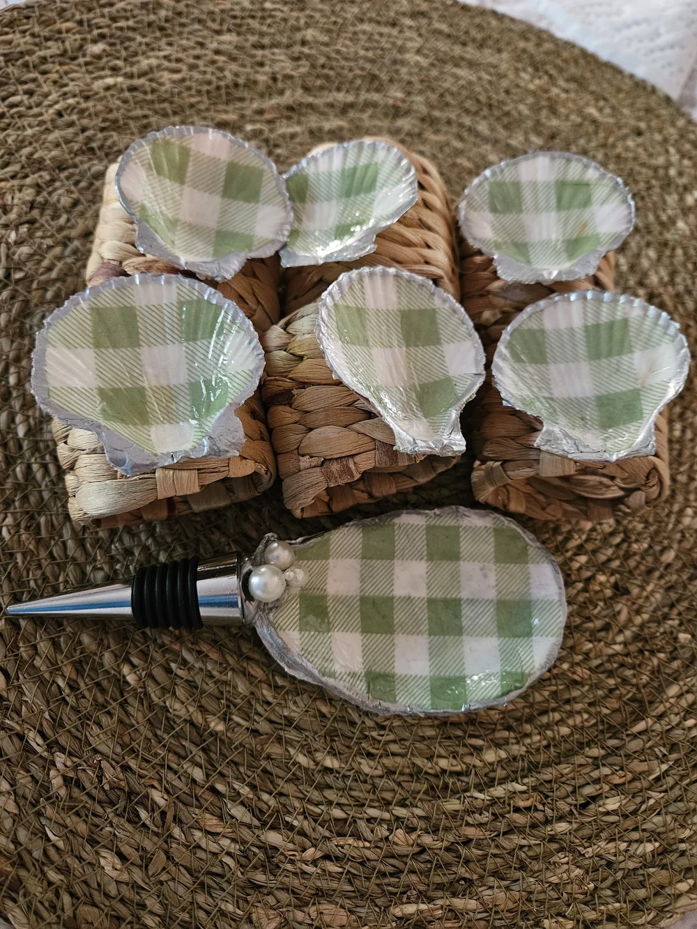 Green Gingham Wine Stopper & Napkin Ring Set